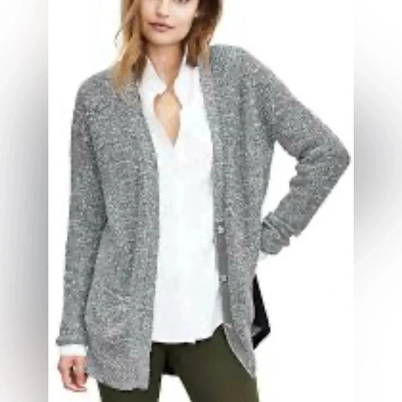 Women’s BANANA‎ REPUBLIC Woven-Back V Neck Snap Cardigan Gray Black. Size M. - Picture 2 of 11